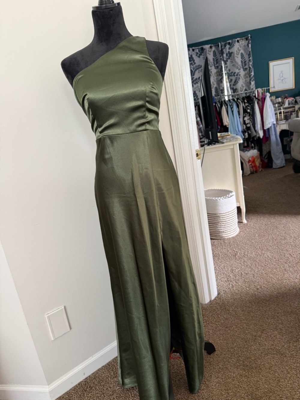 Birdy Grey Olive Green One-Shoulder Satin Dress